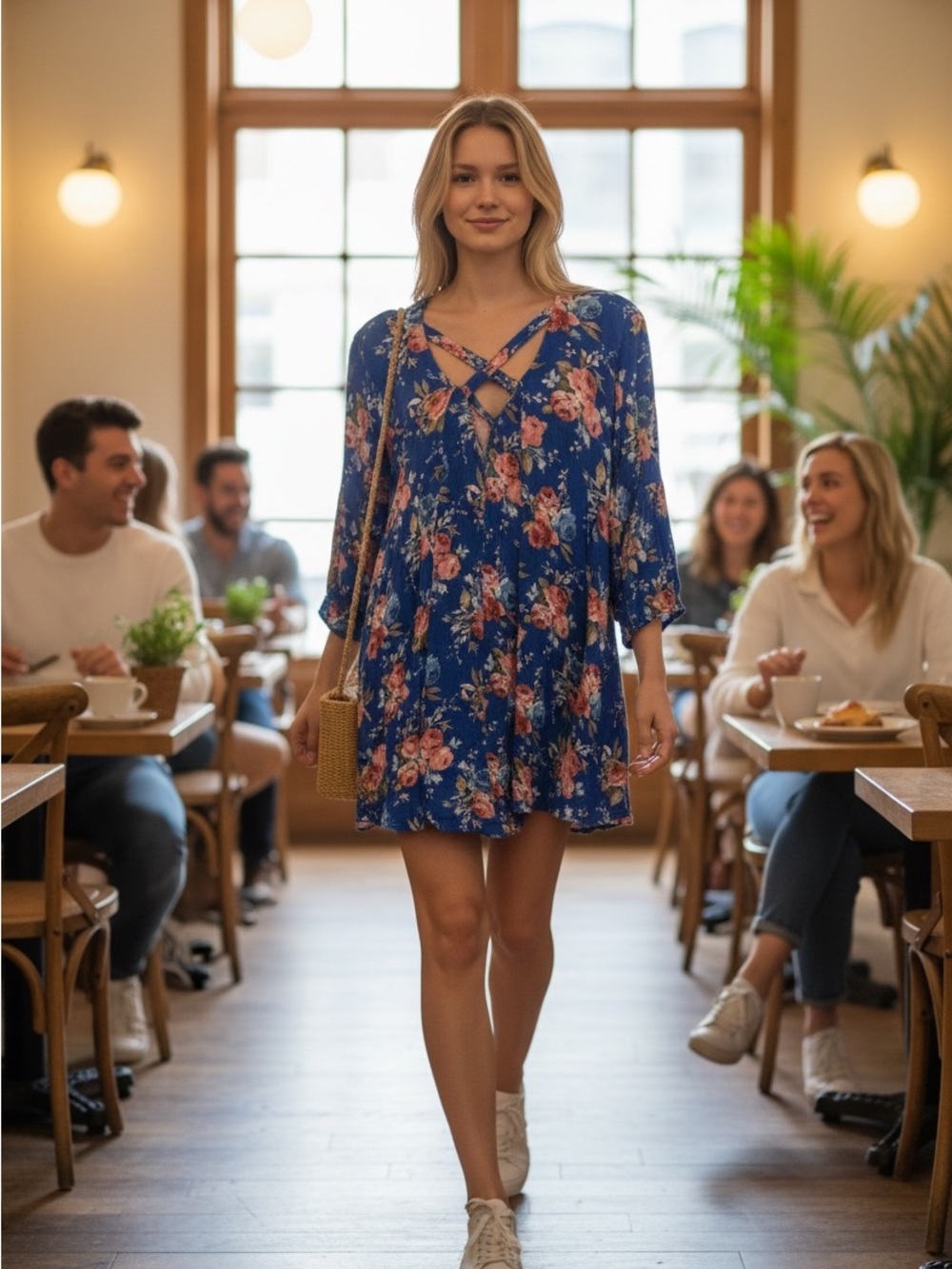 Umgee Blue Floral Crisscross V-Neck Tunic/Mini Dress